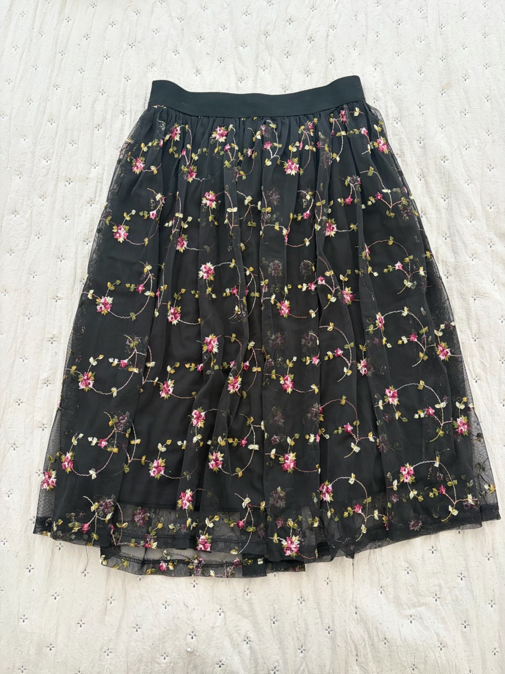 Forever 21 Embroidered Floral Midi Skirt Black Tulle Mesh